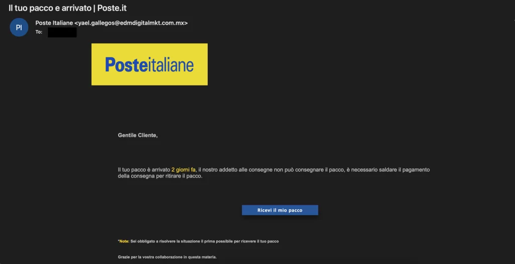 poste italiane truffa il tuo pacco e arrivato email phishing